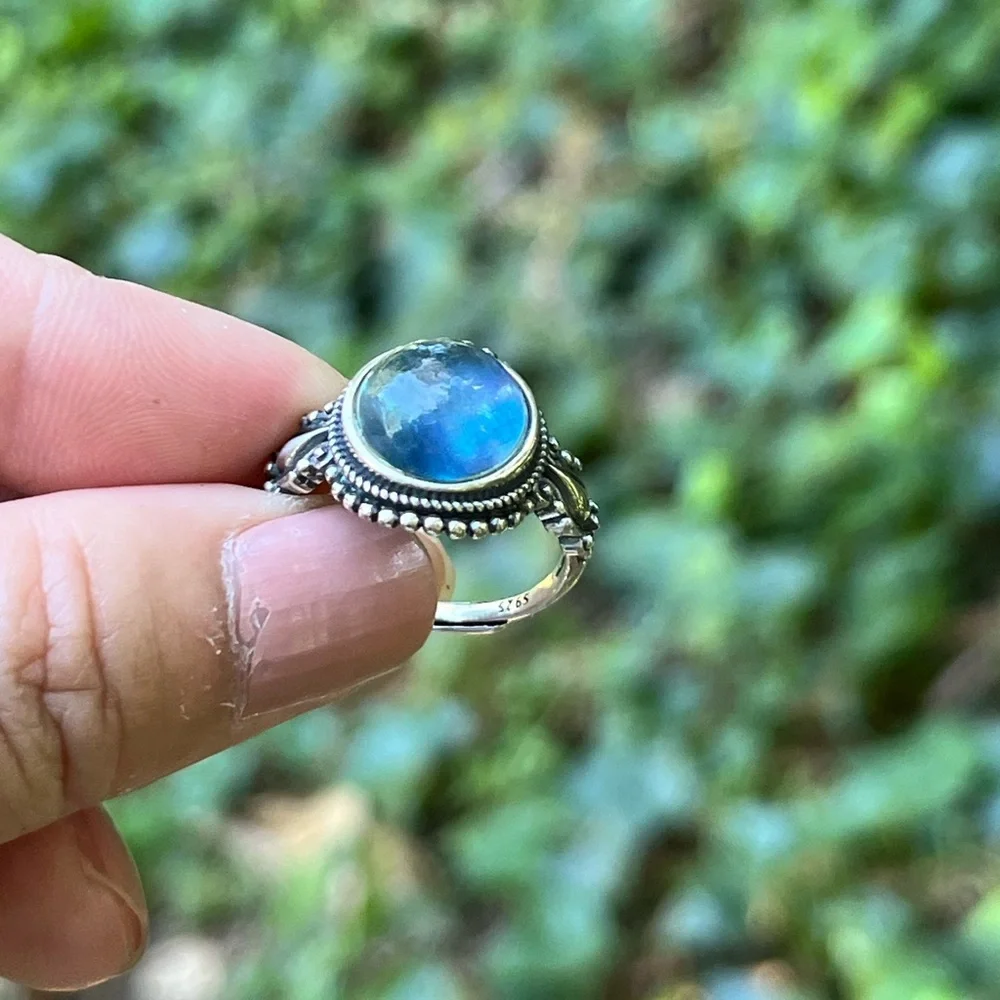 Sterling silver 925‎ stamped adjustable round aquamarine ring 0130